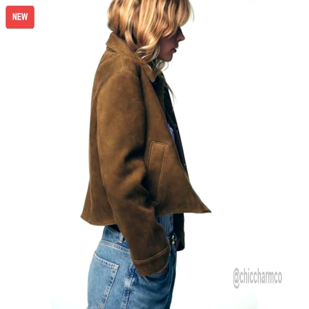 Faux Suede Cropped Jacket Button Down Coat Chic Casual Outerwear Fall Fashion - Picture 3 of 7